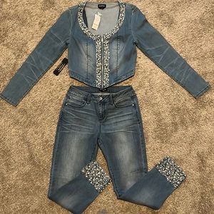 Bebe Denim Crop Pearl Jacket and Jeans Set NWT